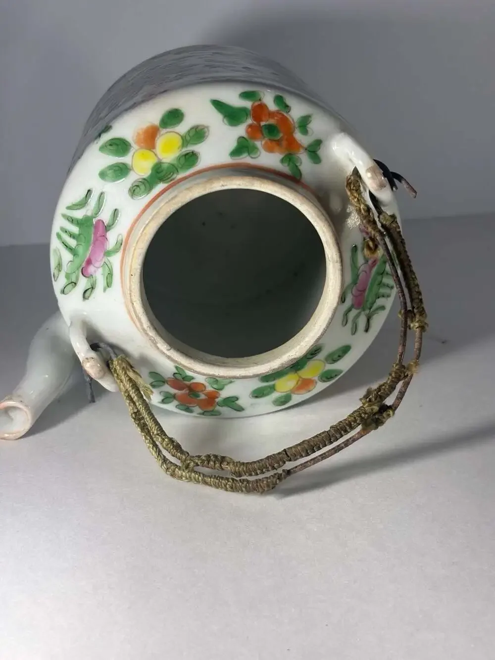 Antique Chinese Famille Rose Porcelain Hand Painted Teapot ,Wire , Twine Handle